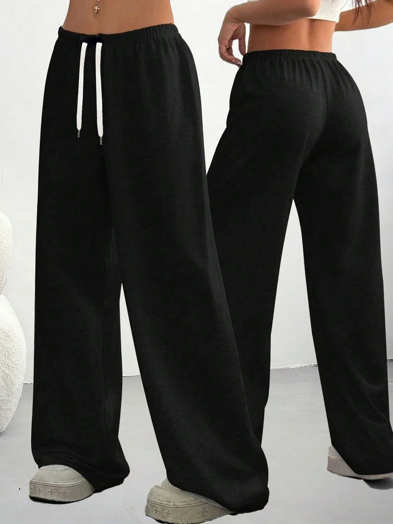Loose Fit Drawstring Design Casual Wide Leg Pants, Suitable For Outdoor Sports And Daily Wear In Summer & Autumn, Great Gift For Girlfriend Back To School Season Black Spring