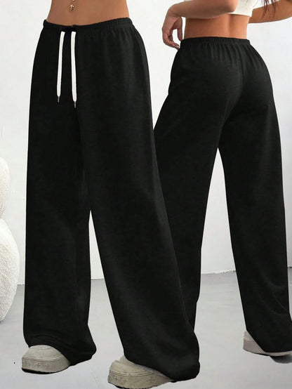 Loose Fit Drawstring Design Casual Wide Leg Pants, Suitable For Outdoor Sports And Daily Wear In Summer & Autumn, Great Gift For Girlfriend Back To School Season Black Spring