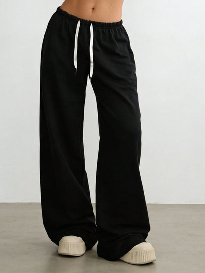 Loose Fit Drawstring Design Casual Wide Leg Pants, Suitable For Outdoor Sports And Daily Wear In Summer & Autumn, Great Gift For Girlfriend Back To School Season Black Spring