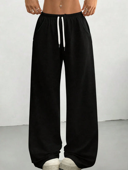 Loose Fit Drawstring Design Casual Wide Leg Pants, Suitable For Outdoor Sports And Daily Wear In Summer & Autumn, Great Gift For Girlfriend Back To School Season Spring