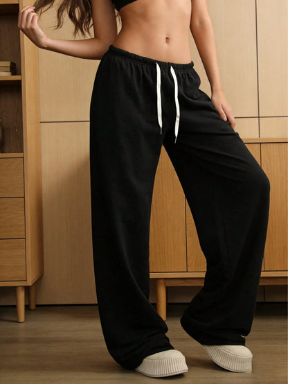 Loose Fit Drawstring Design Casual Wide Leg Pants, Suitable For Outdoor Sports And Daily Wear In Summer & Autumn, Great Gift For Girlfriend Back To School Season Black Spring