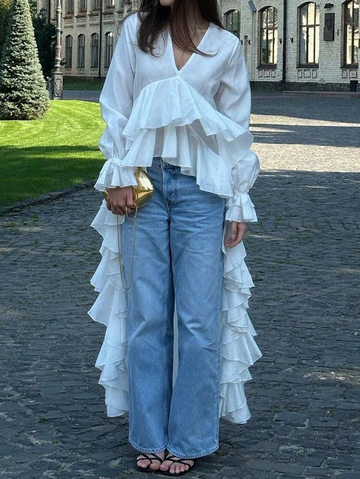 Loose White Women's Blouse, 2025 Fashion V-Neck Long Sleeve Shirt, Elegant Asymmetrical Ruffle Hem Top, Woven Fabric With Pleated Ruffle Trim, Graceful For Daily Wear, Spring & Autumn