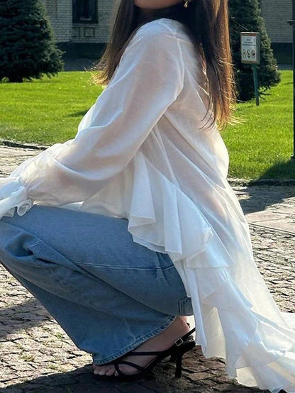 Loose White Women's Blouse, 2025 Fashion V-Neck Long Sleeve Shirt, Elegant Asymmetrical Ruffle Hem Top, Woven Fabric With Pleated Ruffle Trim, Graceful For Daily Wear, Spring & Autumn
