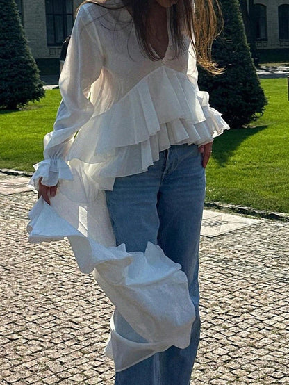 Loose White Women's Blouse, 2025 Fashion V-Neck Long Sleeve Shirt, Elegant Asymmetrical Ruffle Hem Top, Woven Fabric With Pleated Ruffle Trim, Graceful For Daily Wear, Spring & Autumn