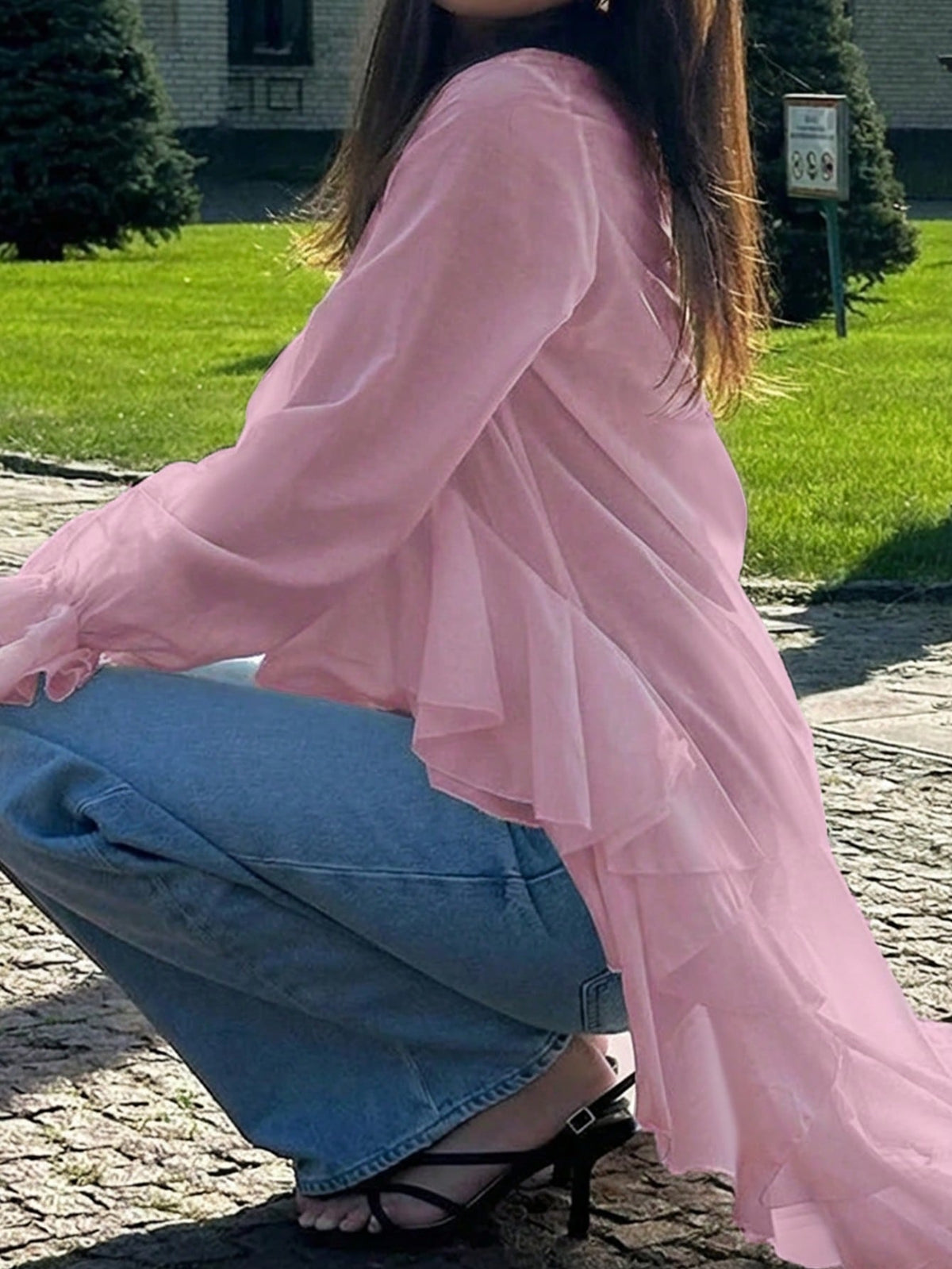 Loose White Women's Blouse, 2025 Fashion V-Neck Long Sleeve Shirt, Elegant Asymmetrical Ruffle Hem Top, Woven Fabric With Pleated Ruffle Trim, Graceful For Daily Wear, Spring & Autumn