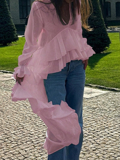 Loose White Women's Blouse, 2025 Fashion V-Neck Long Sleeve Shirt, Elegant Asymmetrical Ruffle Hem Top, Woven Fabric With Pleated Ruffle Trim, Graceful For Daily Wear, Spring & Autumn