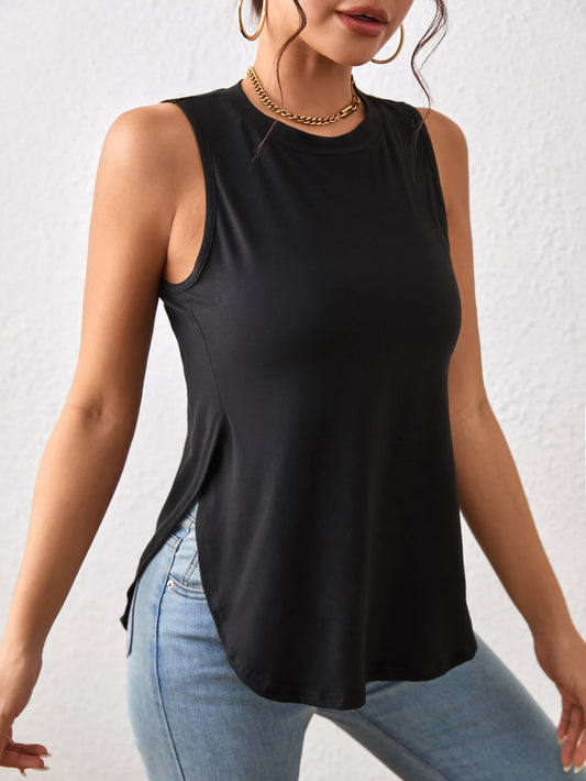 Louniche Black Summer Casual Everyday Women's Vest,Retro Slim Solid Color Curved Hem Work Tops,Country Style Outfits For Women