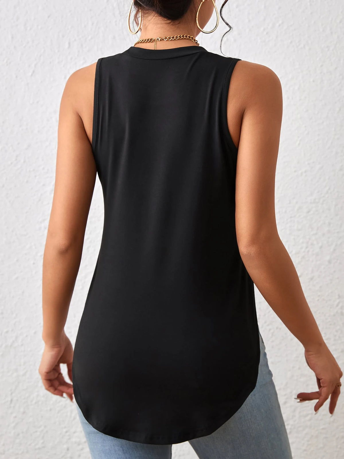 Louniche Black Summer Casual Everyday Women's Vest,Retro Slim Solid Color Curved Hem Work Tops,Country Style Outfits For Women