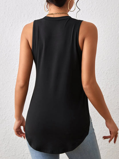 Louniche Black Summer Casual Everyday Women's Vest,Retro Slim Solid Color Curved Hem Work Tops,Country Style Outfits For Women