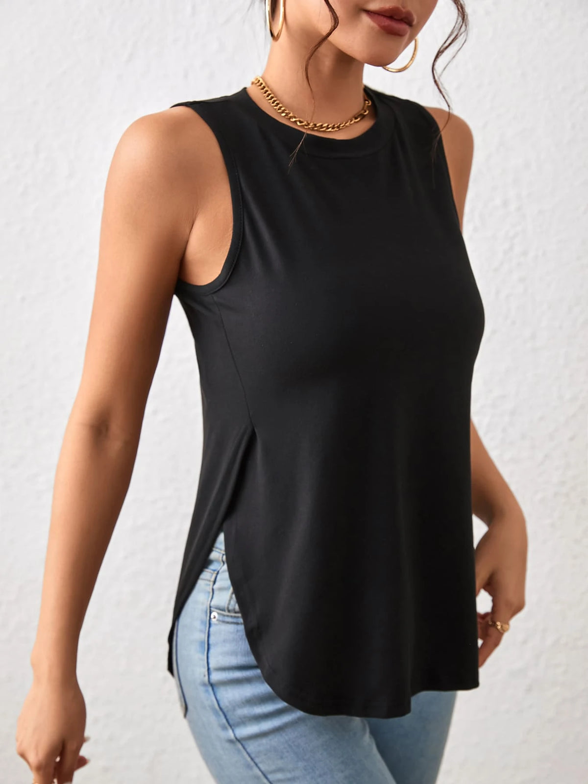 Louniche Black Summer Casual Everyday Women's Vest,Retro Slim Solid Color Curved Hem Work Tops,Country Style Outfits For Women
