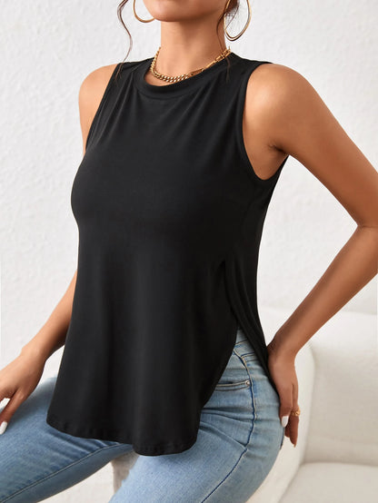 Louniche Black Summer Casual Everyday Women's Vest,Retro Slim Solid Color Curved Hem Work Tops,Country Style Outfits For Women