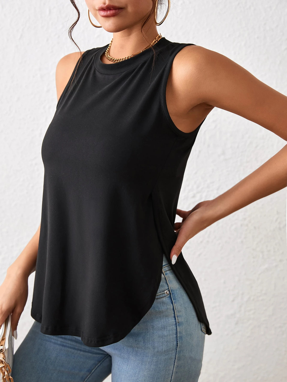Louniche Black Summer Casual Everyday Women's Vest,Retro Slim Solid Color Curved Hem Work Tops,Country Style Outfits For Women