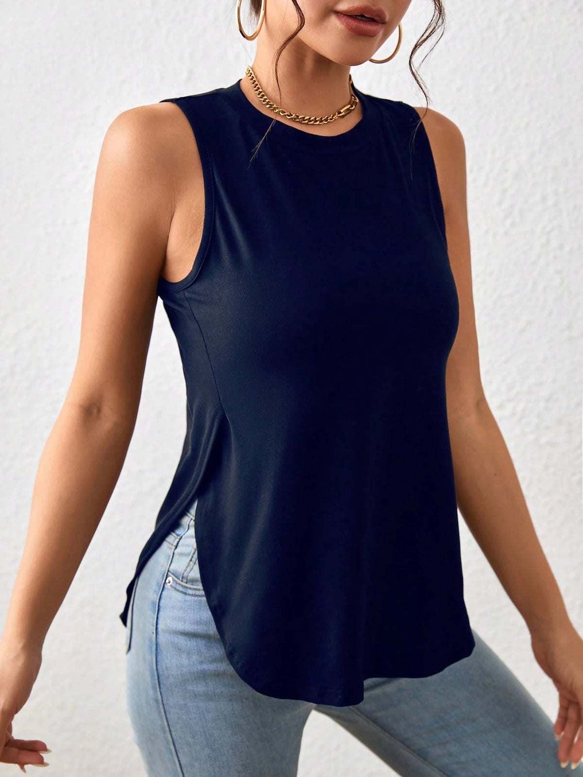 Louniche Black Summer Casual Everyday Women's Vest,Retro Slim Solid Color Curved Hem Work Tops,Country Style Outfits For Women