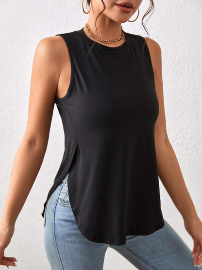 Louniche Black Summer Casual Everyday Women's Vest,Retro Slim Solid Color Curved Hem Work Tops,Country Style Outfits For Women