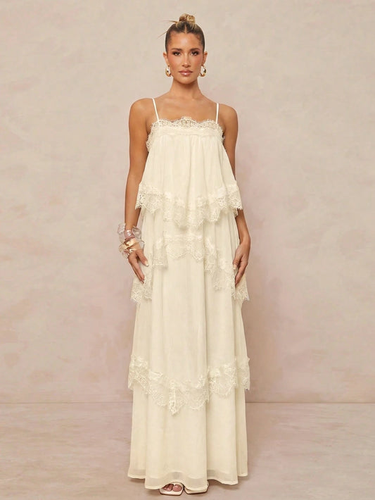Lumalex Cream White Lace Trim Tiered Maxi Dress,Elegant Summer Layered Chiffon Spaghetti Straps Flowy A Line Backless Wedding Guest Day Party Bohemian Gown
