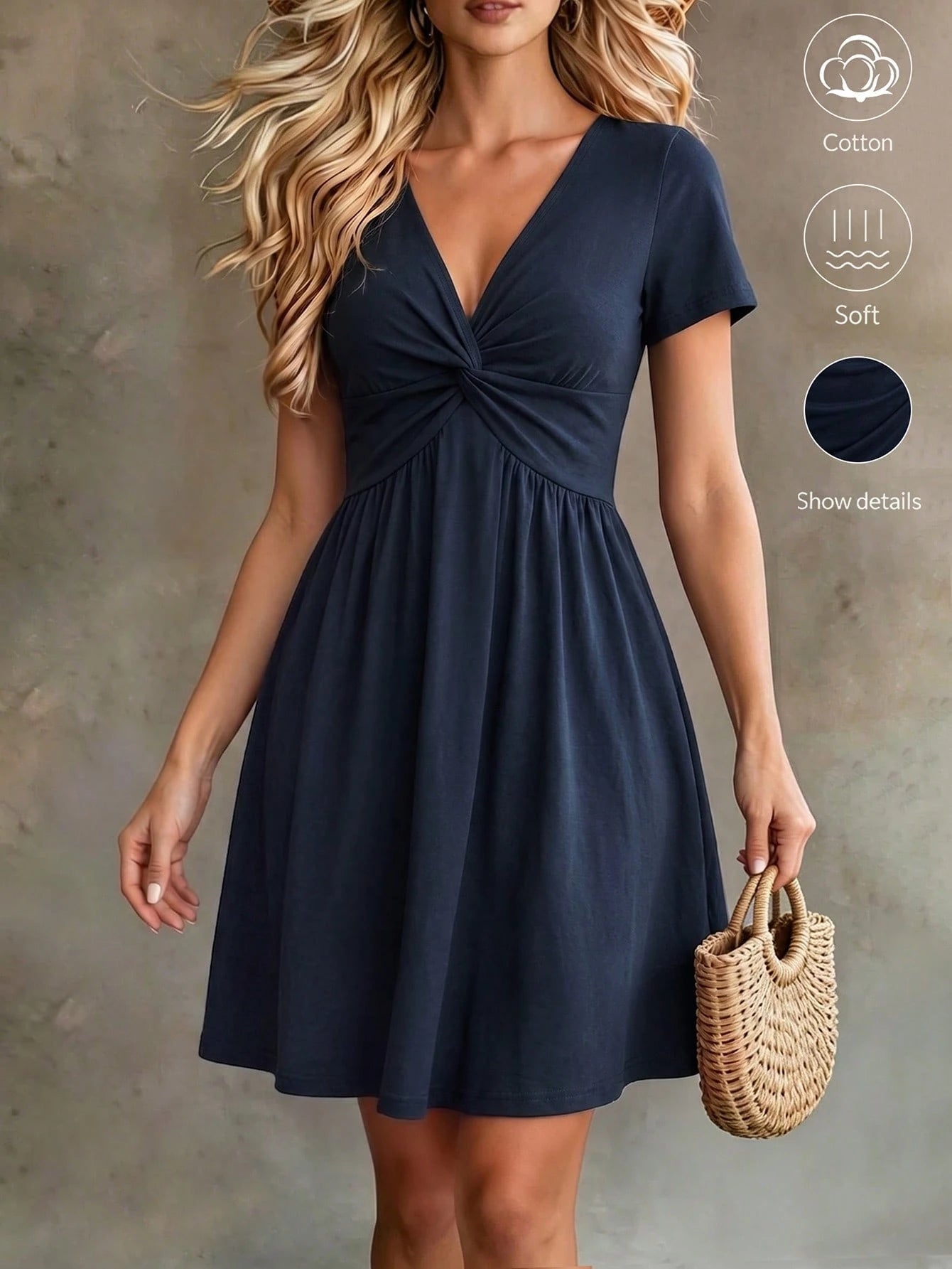 LUNE 2026 Summer New V-Neck Knot Short Sleeve Midi Dress, Traceable Cotton Fabric Comfortable, Casual Lazy, Fresh Vacation Style, Suitable For Daily Wear, Vacation Look, Casual Outings, A-Line L