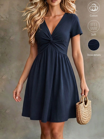 LUNE 2026 Summer New V-Neck Knot Short Sleeve Midi Dress, Traceable Cotton Fabric Comfortable, Casual Lazy, Fresh Vacation Style, Suitable For Daily Wear, Vacation Look, Casual Outings, A-Line L