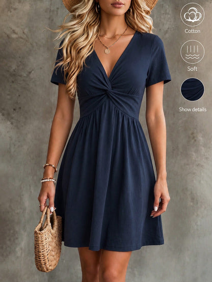 LUNE 2026 Summer New V-Neck Knot Short Sleeve Midi Dress, Traceable Cotton Fabric Comfortable, Casual Lazy, Fresh Vacation Style, Suitable For Daily Wear, Vacation Look, Casual Outings, A-Line L