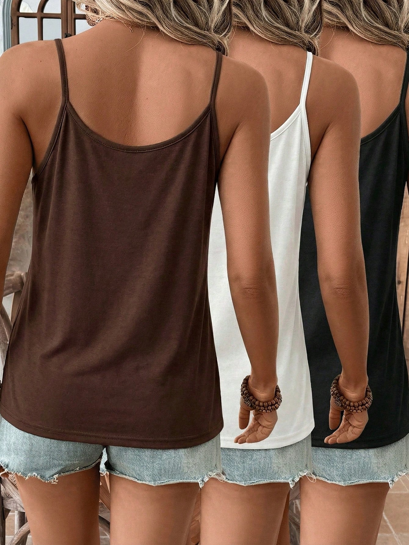 LUNE 3pcs Black, White & Brown Lace Trim Camisole Tops, Suitable For Spring/Summer