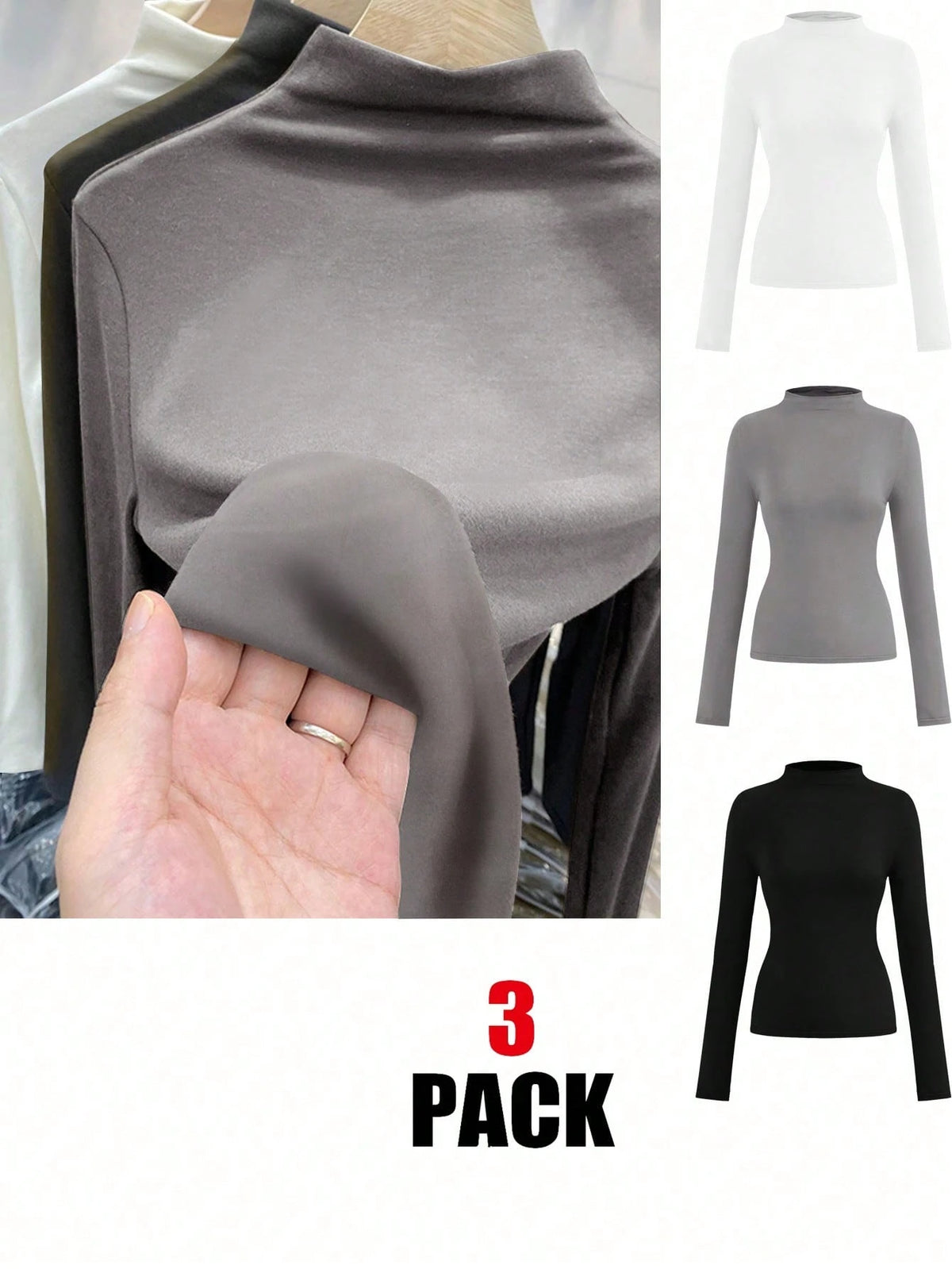 LUNE 3pcs/Set Casual Basic Minimalist Long Sleeve Tight Fit Women T-Shirts, Autumn Everyday White Grey Black