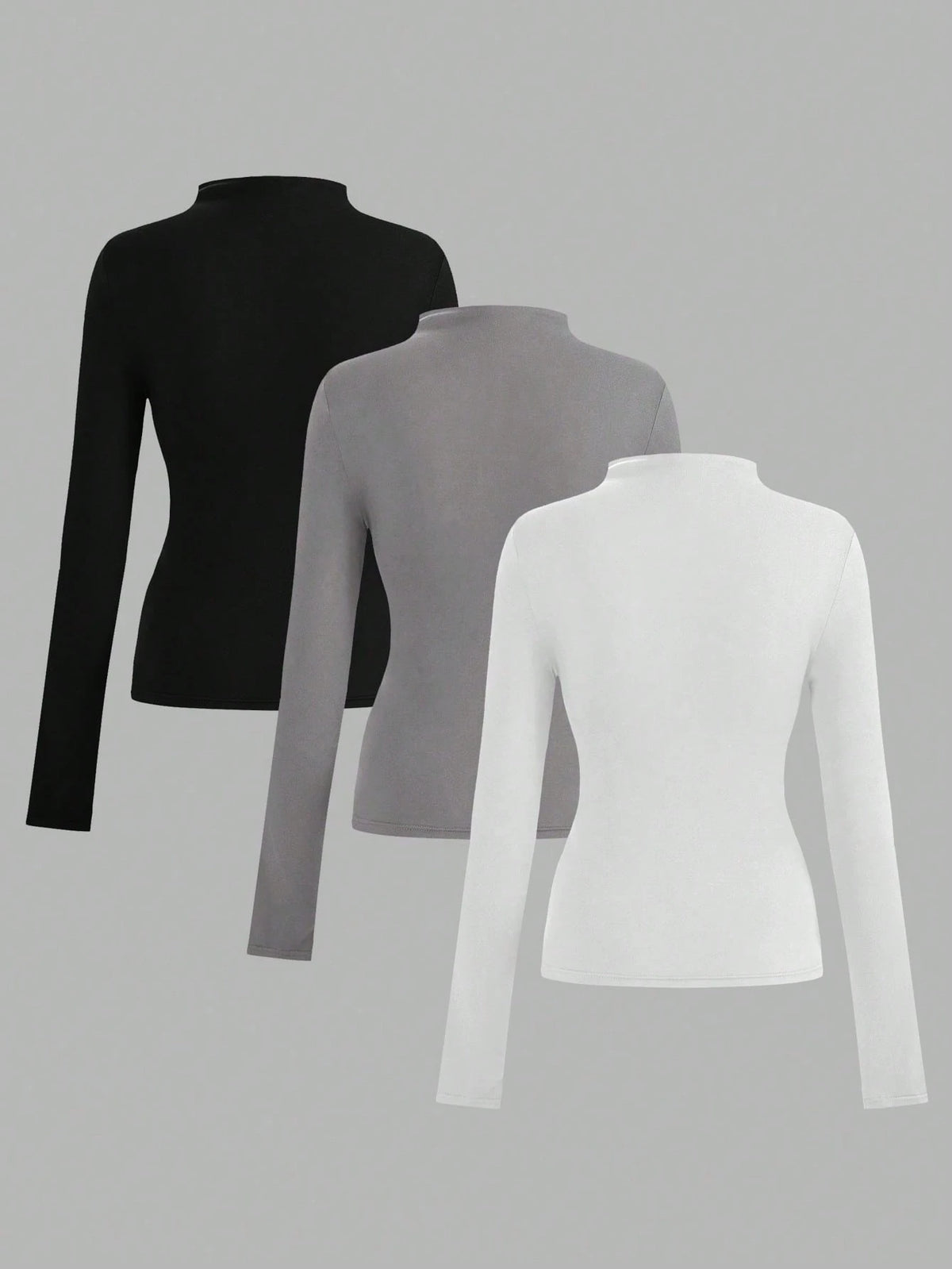 LUNE 3pcs/Set Casual Basic Minimalist Long Sleeve Tight Fit Women T-Shirts, Autumn Everyday White Grey Black
