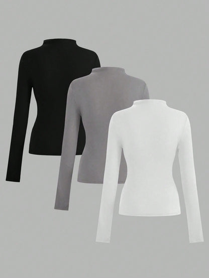 LUNE 3pcs/Set Casual Basic Minimalist Long Sleeve Tight Fit Women T-Shirts, Autumn Everyday White Grey Black