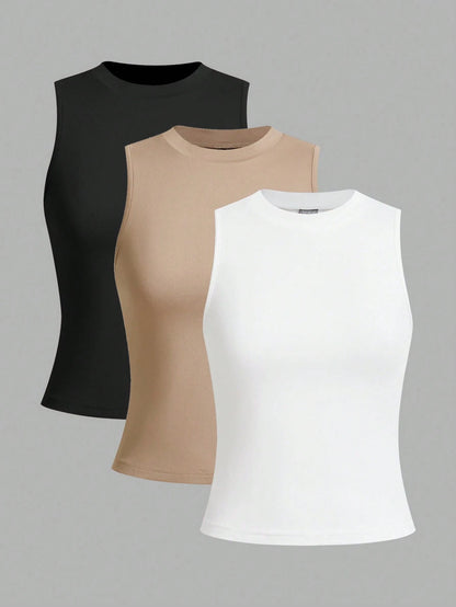 LUNE 3pcs Women Crew Neck Form-Fitting Camisole, Basic Summer Essentials Back To School,Casual Minimalist Basic Everyday Daytime Black Beige White