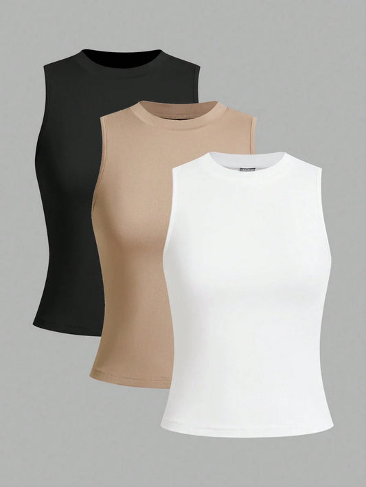 LUNE 3pcs Women Crew Neck Form-Fitting Camisole, Basic Summer Essentials Back To School,Casual Minimalist Basic Everyday Daytime Black Beige White