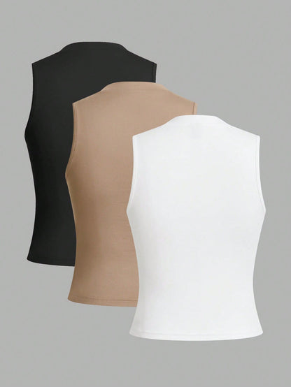 LUNE 3pcs Women Crew Neck Form-Fitting Camisole, Basic Summer Essentials Back To School,Casual Minimalist Basic Everyday Daytime Black Beige White
