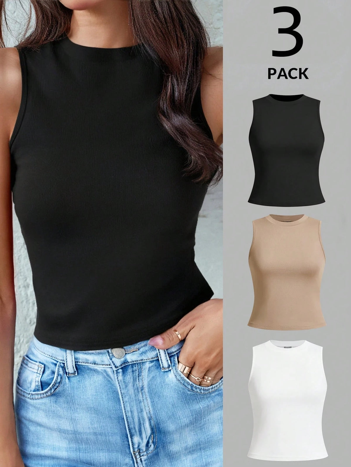 LUNE 3pcs Women Crew Neck Form-Fitting Camisole, Basic Summer Essentials Back To School,Casual Minimalist Basic Everyday Daytime Black Beige White