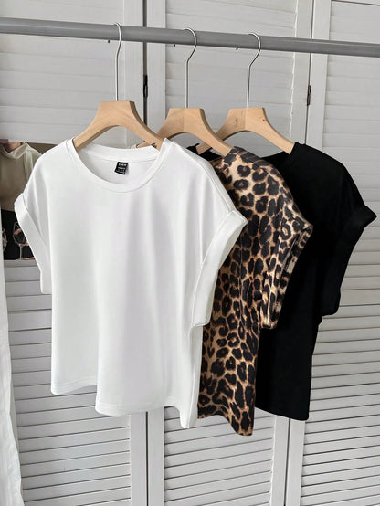 LUNE 3pcs Women Summer Casual Batwing Sleeve Solid Color T-Shirt White Brown Black Print T-Shirt Set Spring Summer Clothes Everyday Daytime
