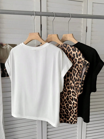 LUNE 3pcs Women Summer Casual Batwing Sleeve Solid Color T-Shirt White Brown Black Print T-Shirt Set Spring Summer Clothes Everyday Daytime