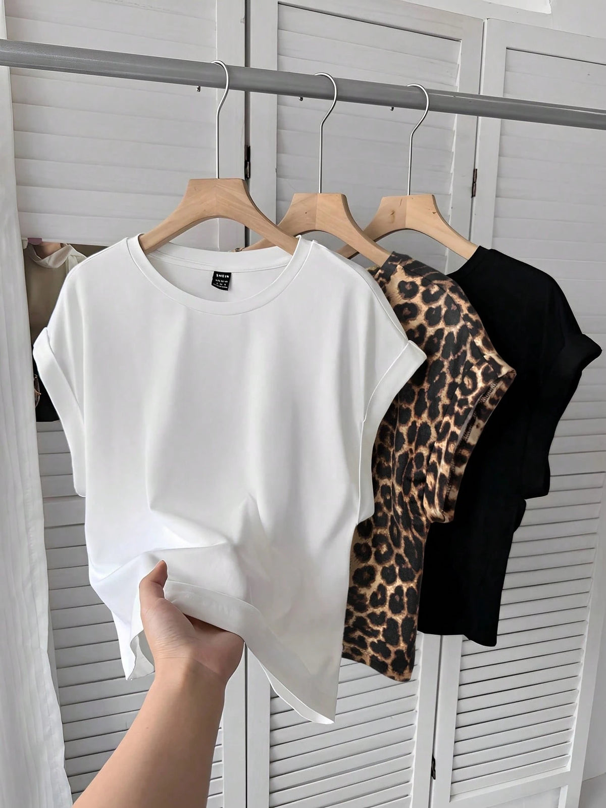 LUNE 3pcs Women Summer Casual Batwing Sleeve Solid Color T-Shirt White Brown Black Print T-Shirt Set Spring Summer Clothes Everyday Daytime