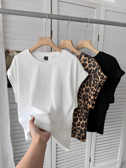 LUNE 3pcs Women Summer Casual Batwing Sleeve Solid Color T-Shirt White Brown Black Print T-Shirt Set Spring Summer Clothes Everyday Daytime