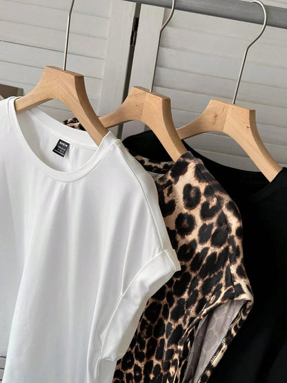 LUNE 3pcs Women Summer Casual Batwing Sleeve Solid Color T-Shirt White Brown Black Print T-Shirt Set Spring Summer Clothes Everyday Daytime