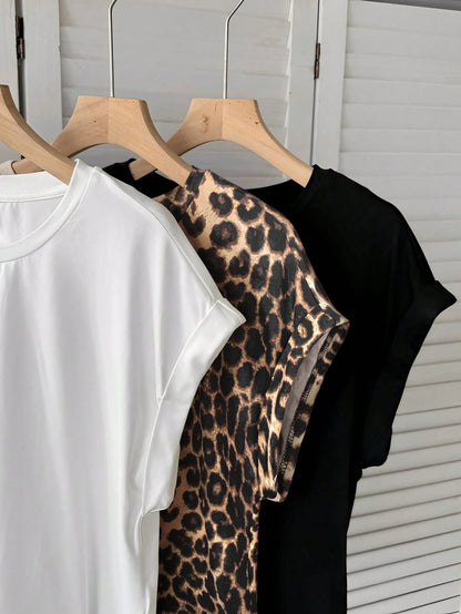 LUNE 3pcs Women Summer Casual Batwing Sleeve Solid Color T-Shirt White Brown Black Print T-Shirt Set Spring Summer Clothes Everyday Daytime