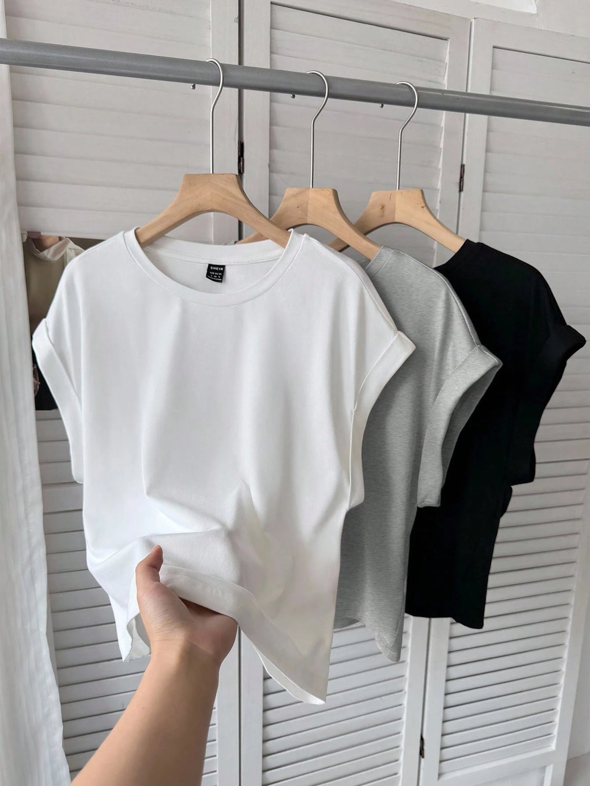 LUNE 3pcs Women Summer Casual Batwing Sleeve Solid Color T-Shirt White Brown Black Print T-Shirt Set Spring Summer Clothes Everyday Daytime
