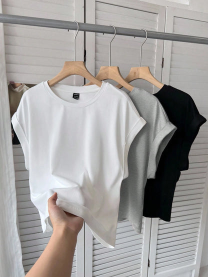 LUNE 3pcs Women Summer Casual Batwing Sleeve Solid Color T-Shirt White Brown Black Print T-Shirt Set Spring Summer Clothes Everyday Daytime