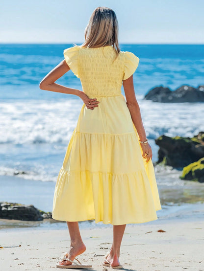 LUNE Butter Yellow Romantic Spring Date Ruffled Flounced Hem Pink Mid-Length Dress For Women,Bohemia,Summer Dresses For Women,Vacation