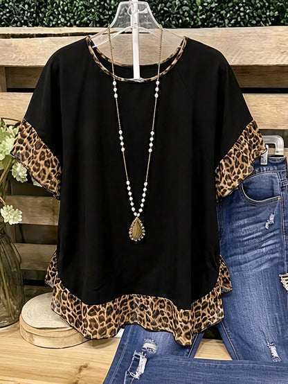 LUNE CURVE Plus-Size Leopard Print Ruffled Summer Top/Shirt- Women's Everyday Country-Casual Wear- Vintage-Style Color-Block Ruffled Blouse