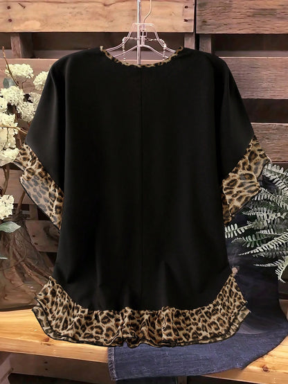 LUNE CURVE Plus-Size Leopard Print Ruffled Summer Top/Shirt- Women's Everyday Country-Casual Wear- Vintage-Style Color-Block Ruffled Blouse