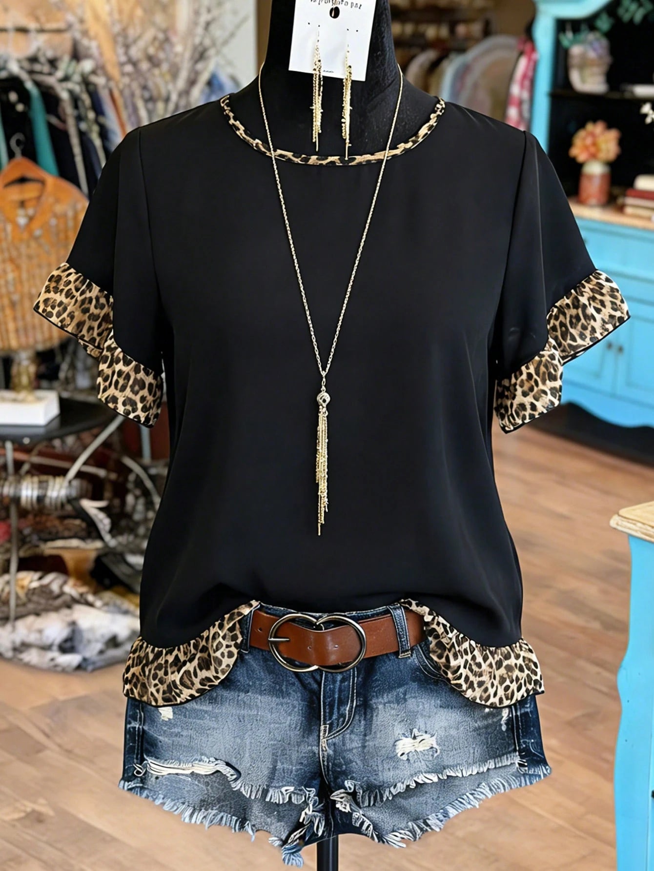 LUNE CURVE Plus-Size Leopard Print Ruffled Summer Top/Shirt- Women's Everyday Country-Casual Wear- Vintage-Style Color-Block Ruffled Blouse