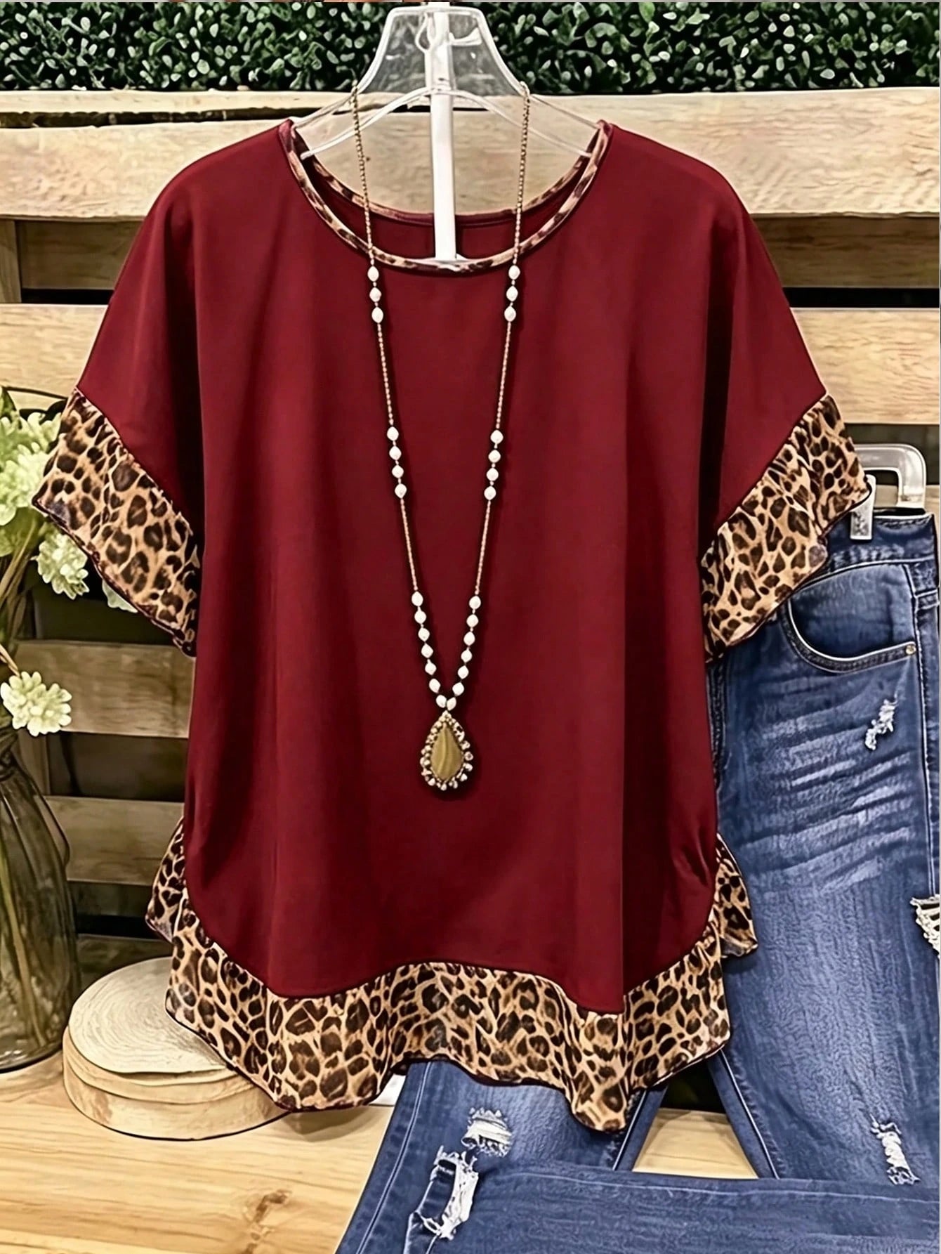 LUNE CURVE Plus-Size Leopard Print Ruffled Summer Top/Shirt- Women's Everyday Country-Casual Wear- Vintage-Style Color-Block Ruffled Blouse