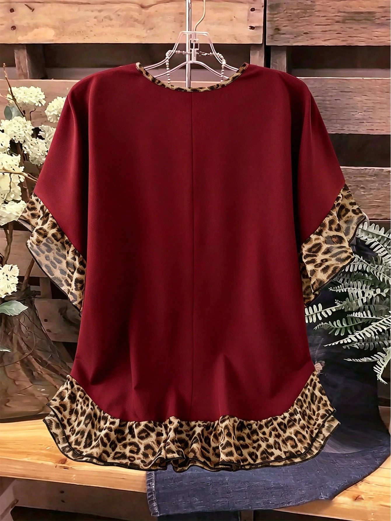 LUNE CURVE Plus-Size Leopard Print Ruffled Summer Top/Shirt- Women's Everyday Country-Casual Wear- Vintage-Style Color-Block Ruffled Blouse