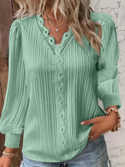 LUNE Plus Size Plain Lace Trim Long Sleeve Minimalist Blouse, Casual Everyday Wear Fall Cloth For Women