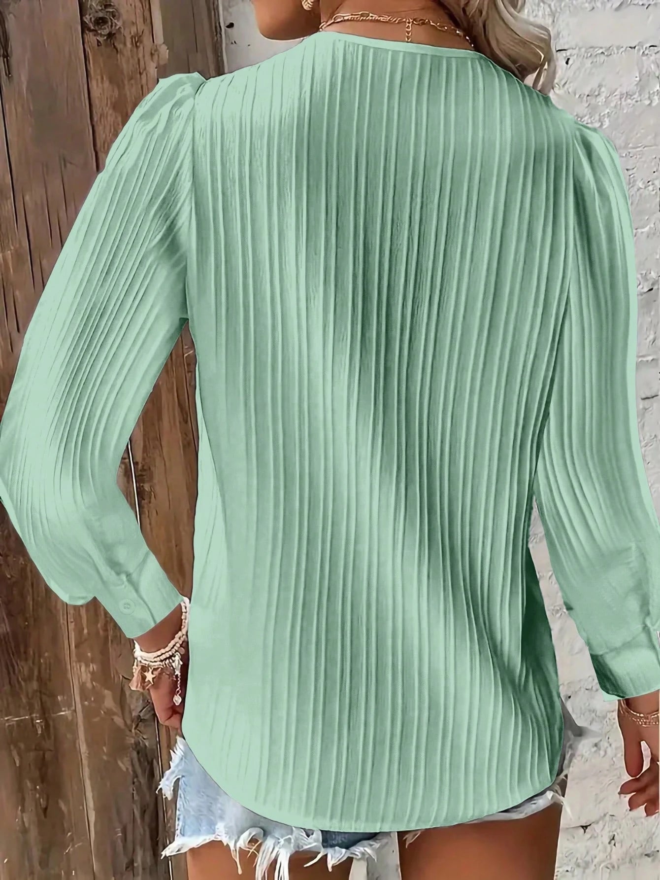 LUNE Plus Size Plain Lace Trim Long Sleeve Minimalist Blouse, Casual Everyday Wear Fall Cloth For Women