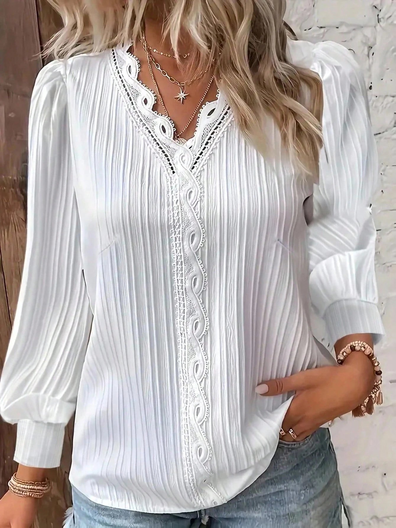 LUNE Plus Size Plain Lace Trim Long Sleeve Minimalist Blouse, Casual Everyday Wear Fall Cloth For Women