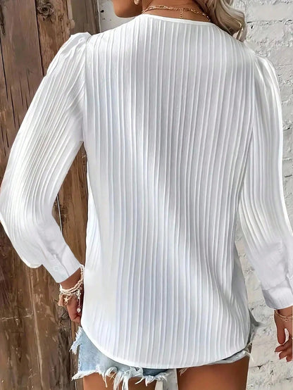 LUNE Plus Size Plain Lace Trim Long Sleeve Minimalist Blouse, Casual Everyday Wear Fall Cloth For Women