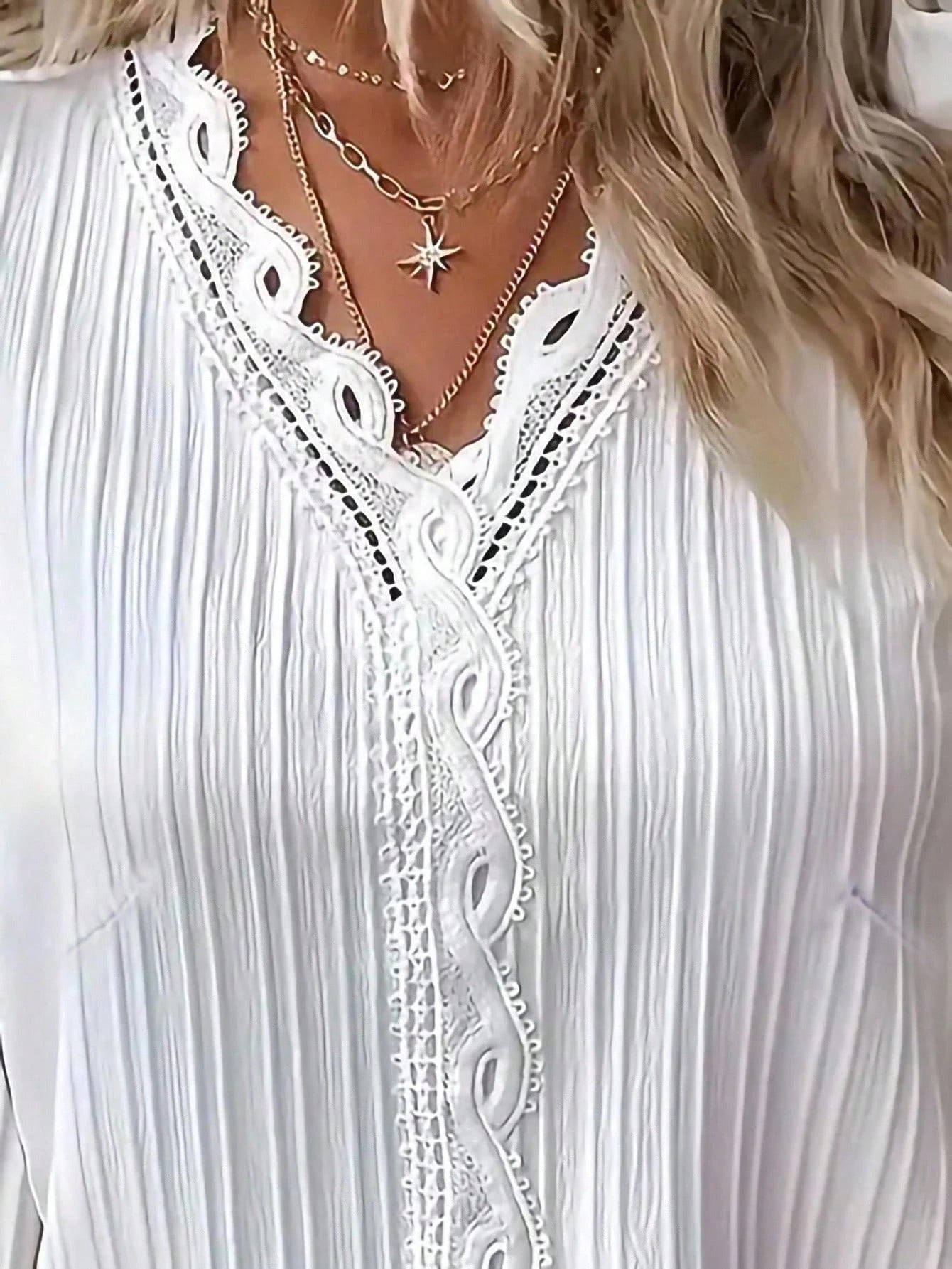 LUNE Plus Size Plain Lace Trim Long Sleeve Minimalist Blouse, Casual Everyday Wear Fall Cloth For Women