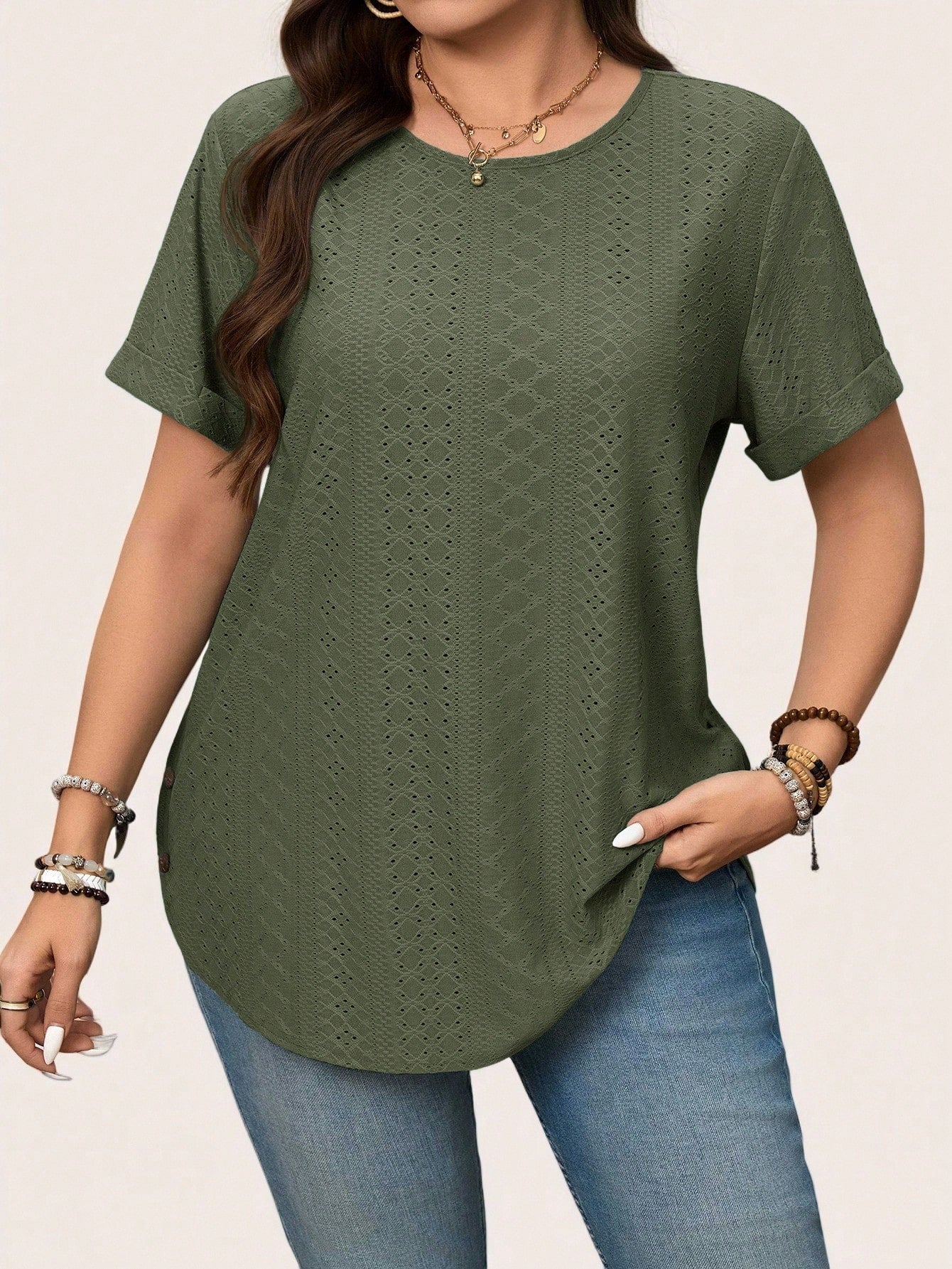 LUNE Plus Size Solid Color Round Neck Short Sleeve Casual T-Shirt